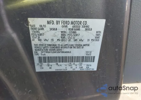 2005 Ford F-150 Xlt z USA, uszkodzony, nr VIN 1FTRW12W35FB64862